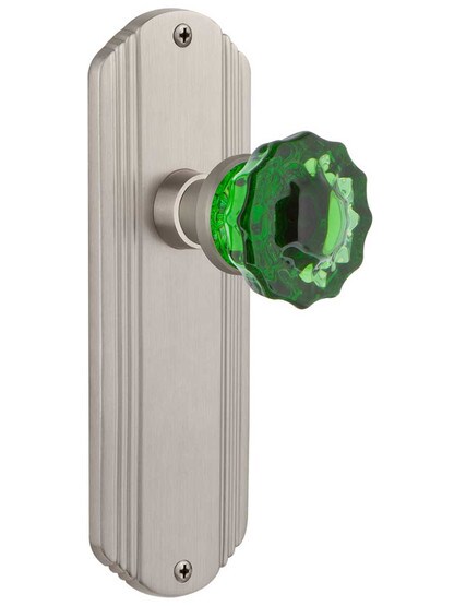 Streamline Deco Door Set with Colored Fluted Crystal Glass Knobs Emerald in Satin Nickel.